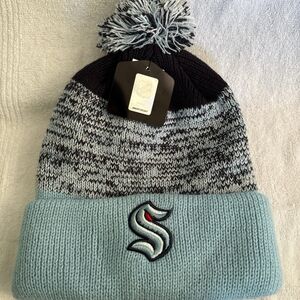 Blue and Black Knit Pom-Pom Beanie